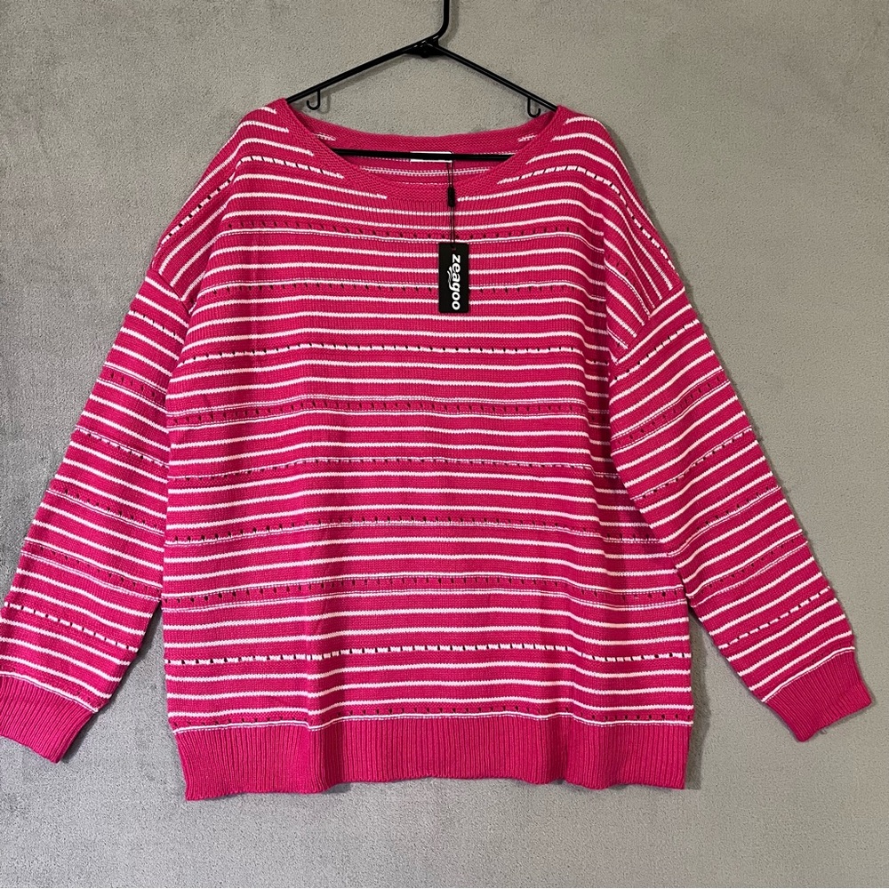 Zeagoo Pink Pullover Sweater Lightweight Womens plus 2XL Long Sleeve striped